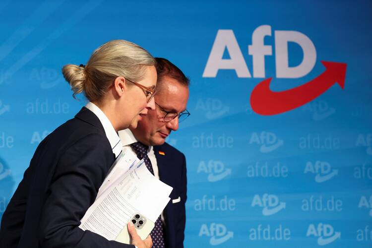 Co-leaders Alice Weidel and Tino Chrupalla of the Alternative for Germany party hold a press conference in Berlin Sept. 2, 2024, after state elections in the Saxony and Thuringia regions of eastern Germany. (OSV News/Lisi Niesner, Reuters)