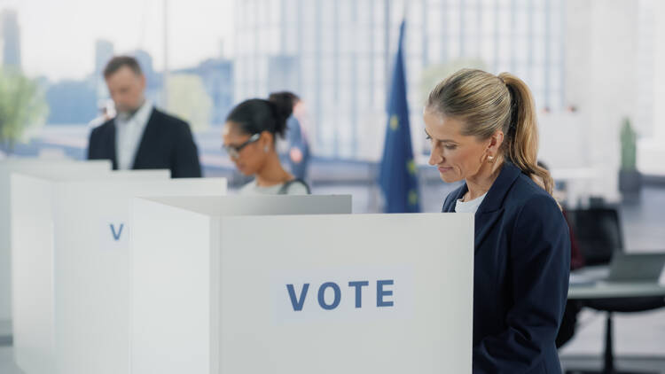 A row of three people, each behind a voter privacy screen